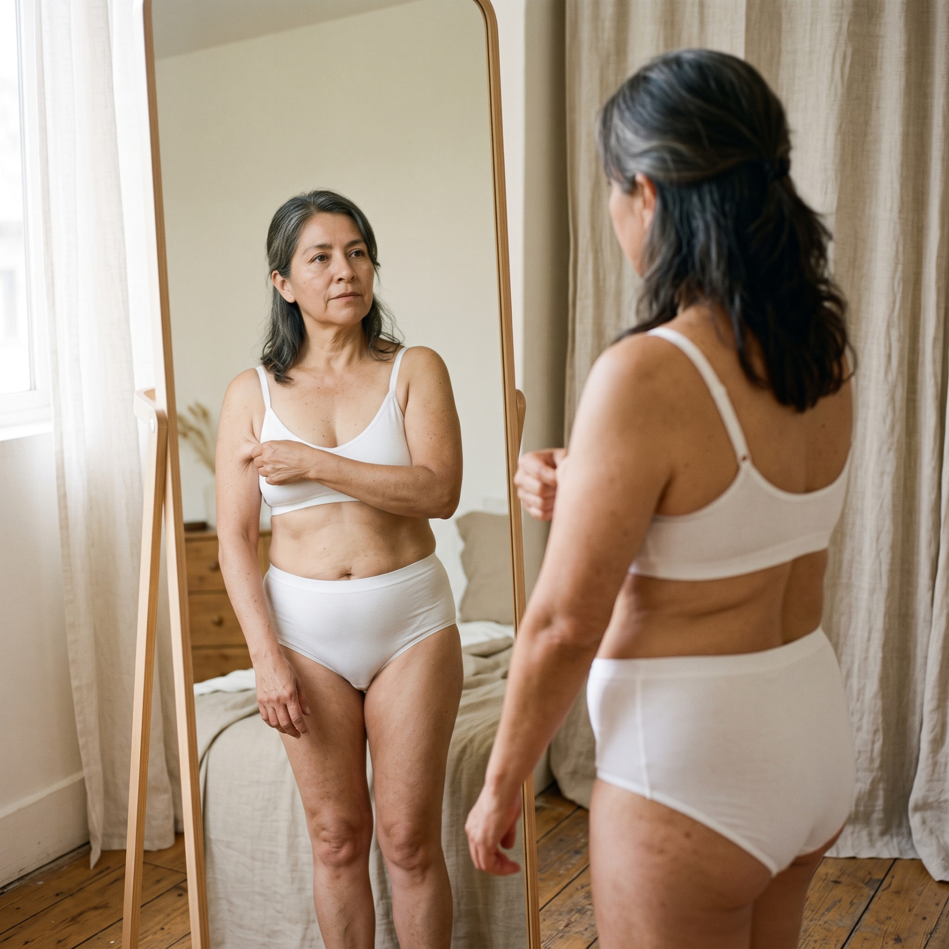 Mujer madura frente al espejo observando la piel de su brazo